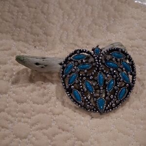 Intricate Silver and Blue Leaf Brooch